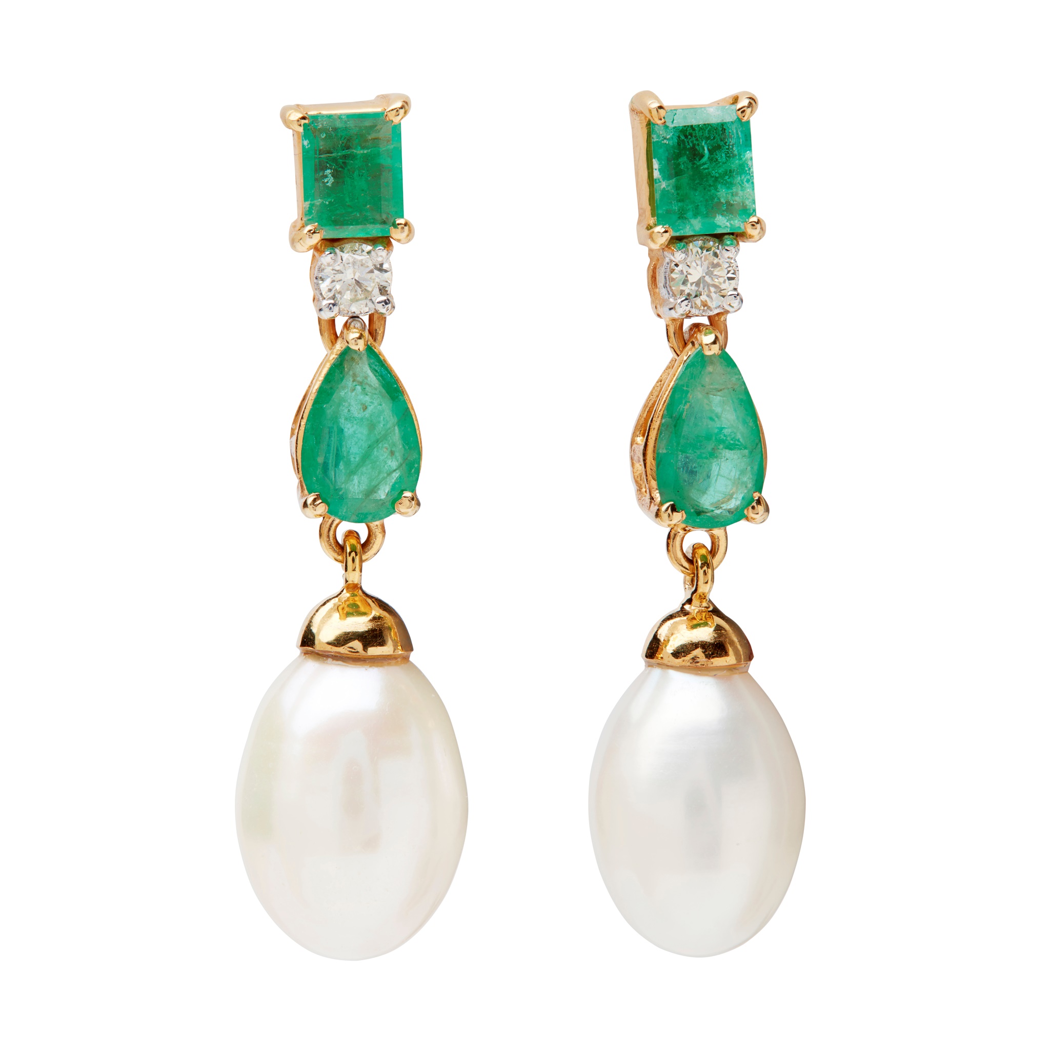 A pair of emerald, diamond and pearl set pendant earrings
