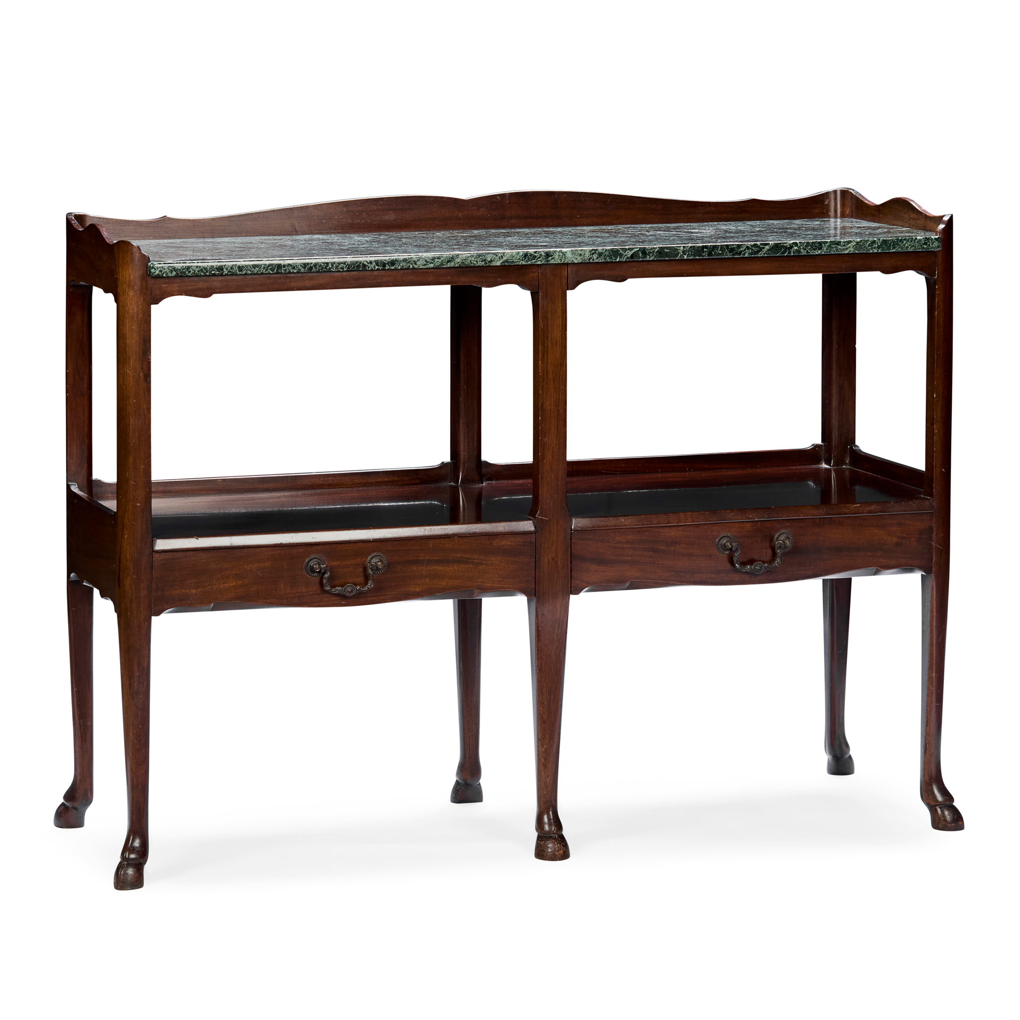 QUEEN ANNE REVIVAL MAHOGANY AND GREEN MARBLE TWO-TIER BUFFET, BY WHYTOCK & REID