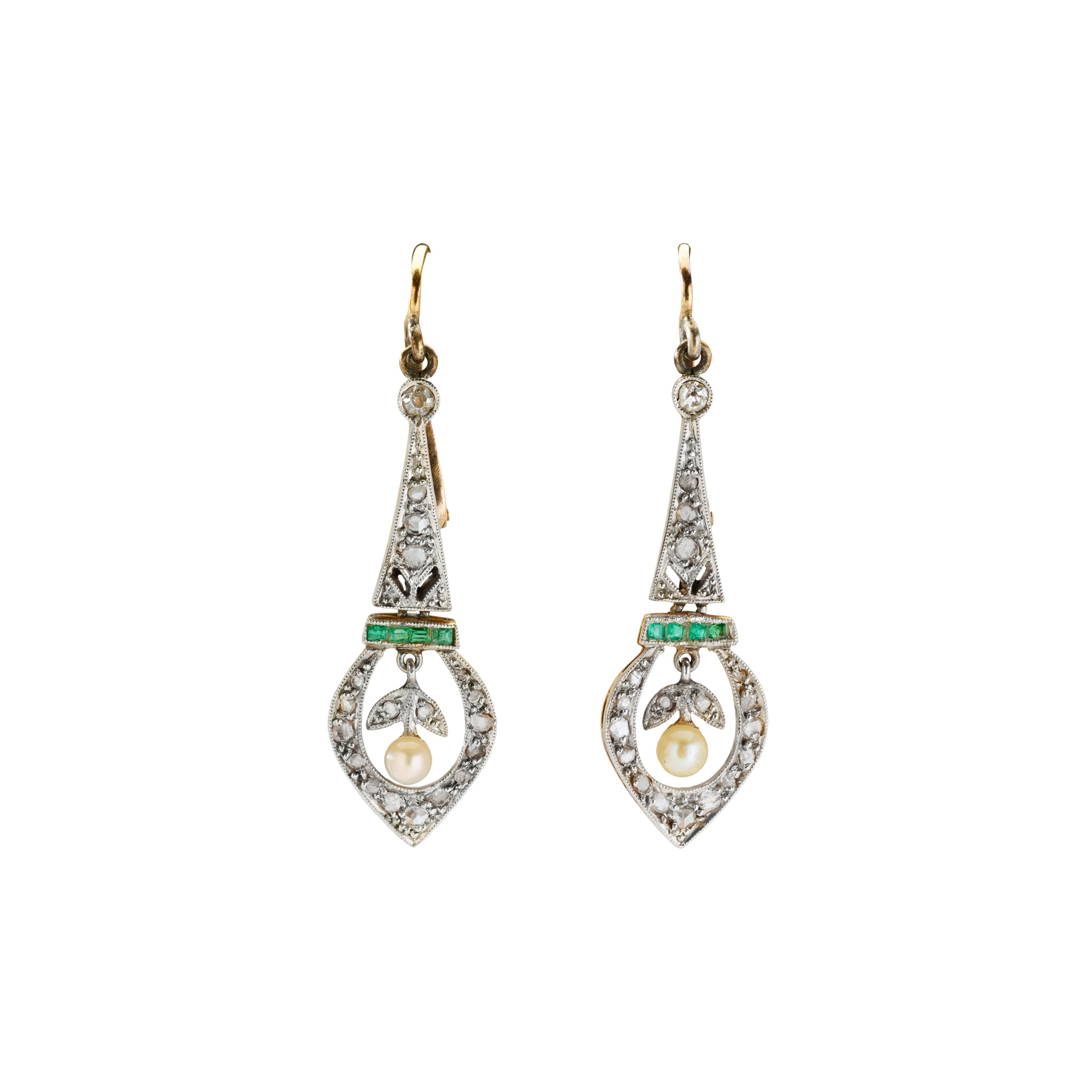 A pair of diamond, emerald and pearl pendent earrings