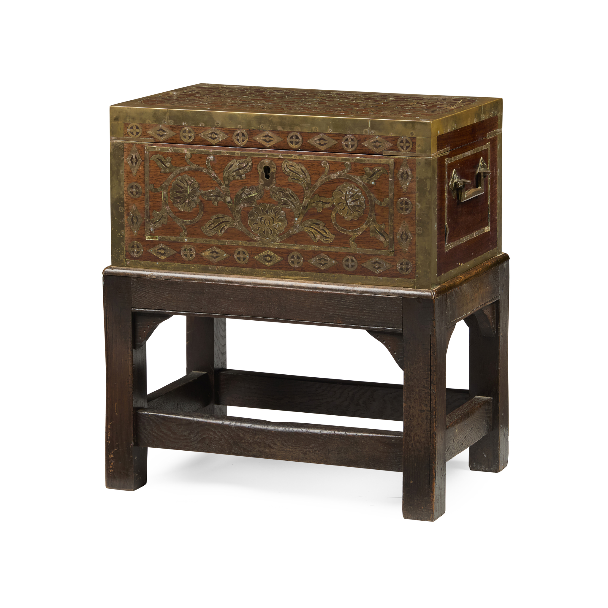 INDIAN PADOUK, BRASS BANDED AND INLAID BOX-ON-STAND
