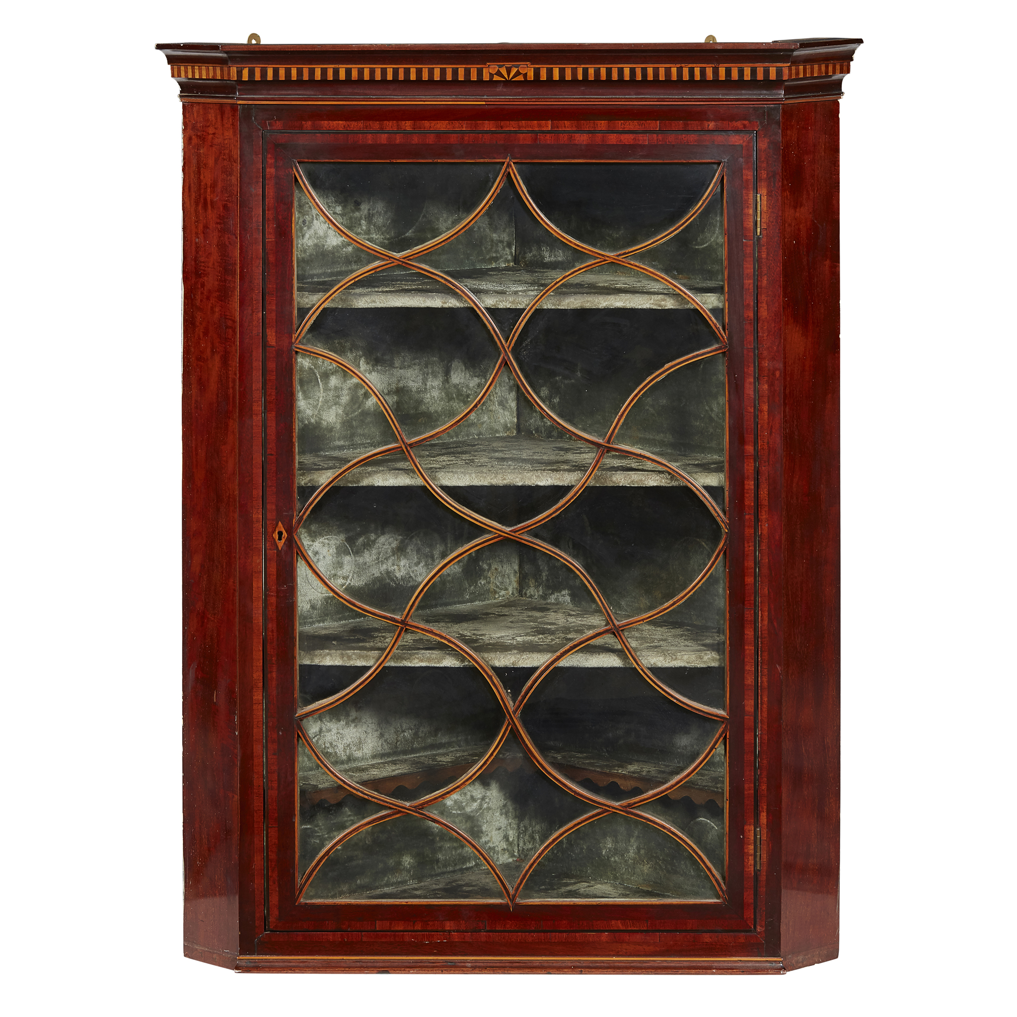 LATE GEORGE III MAHOGANY AND FRUITWOOD HANGING CORNER CABINET