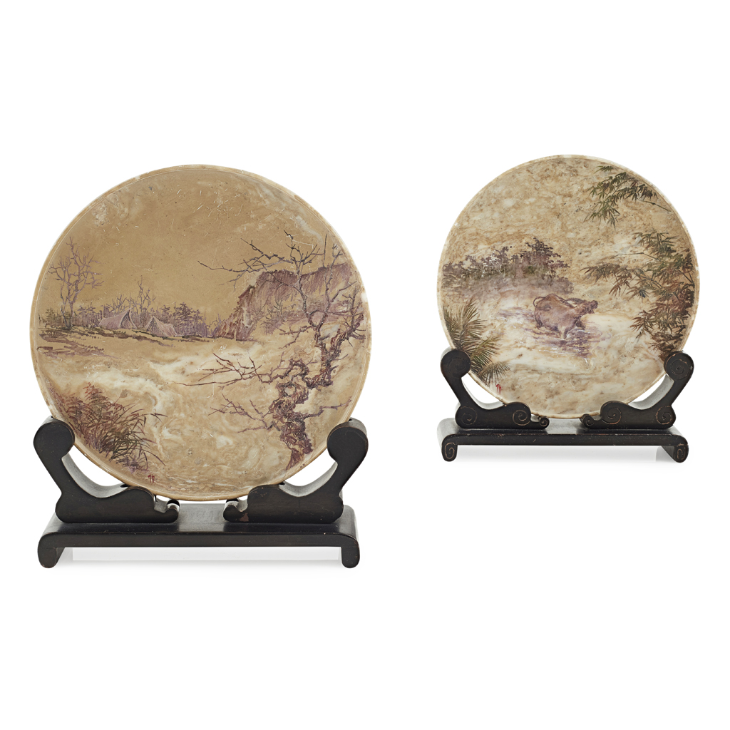 PAIR OF SOAPSTONE CIRCULAR TABLE SCREENS