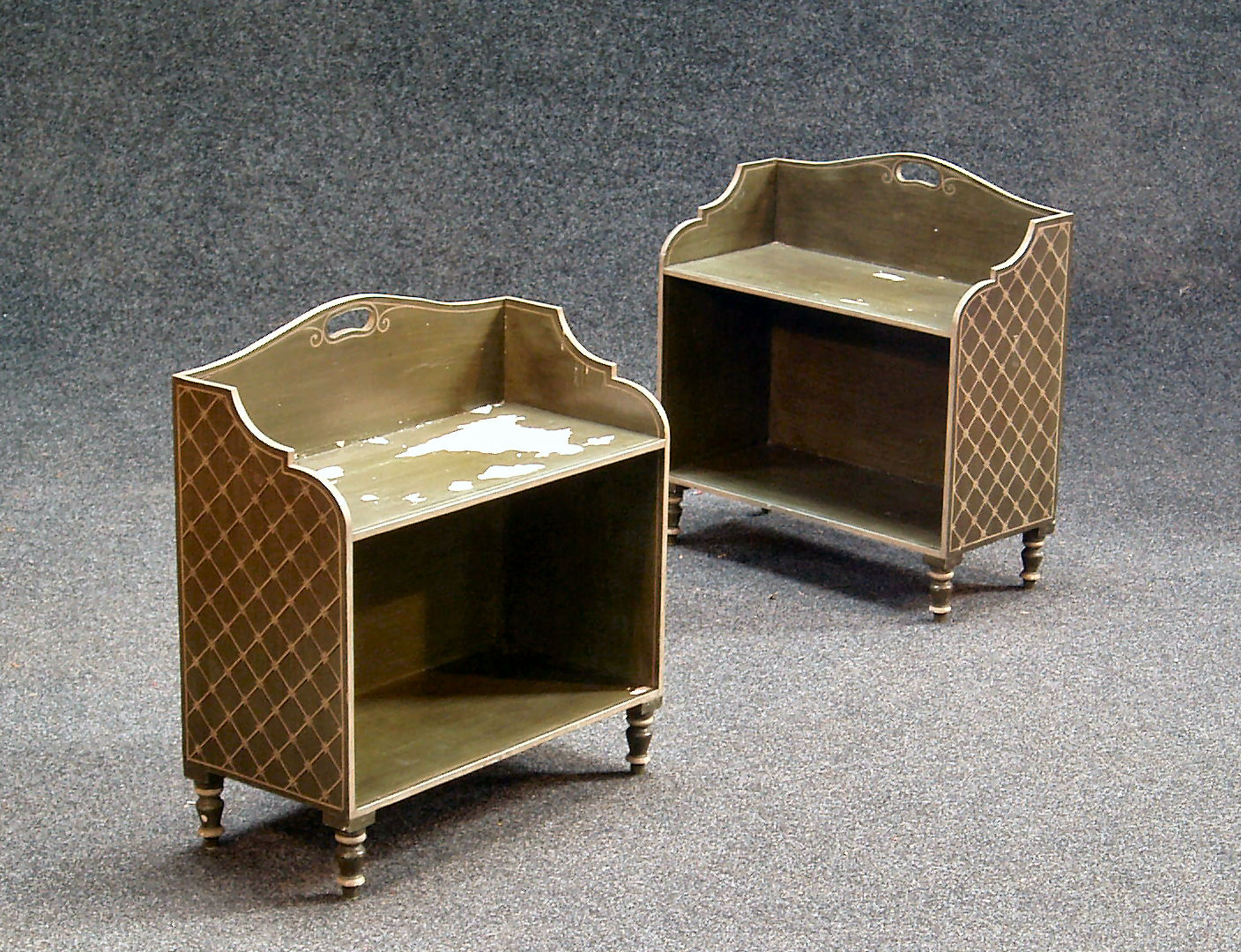 A pair of green and grey painted low open bookcases,