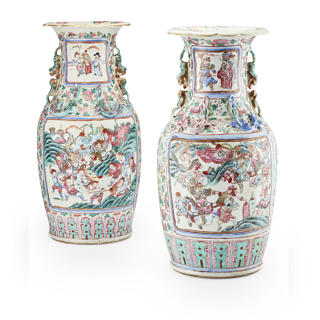 PAIR OF CANTON FAMILLE ROSE VASES