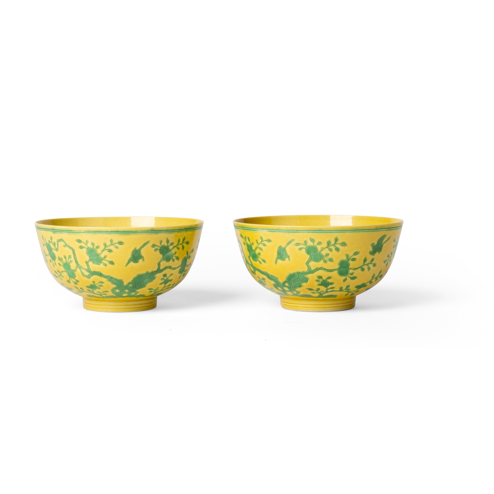 PAIR OF YELLOW-GROUND GREEN-ENAMELLED 'PEACH TREES' BOWL