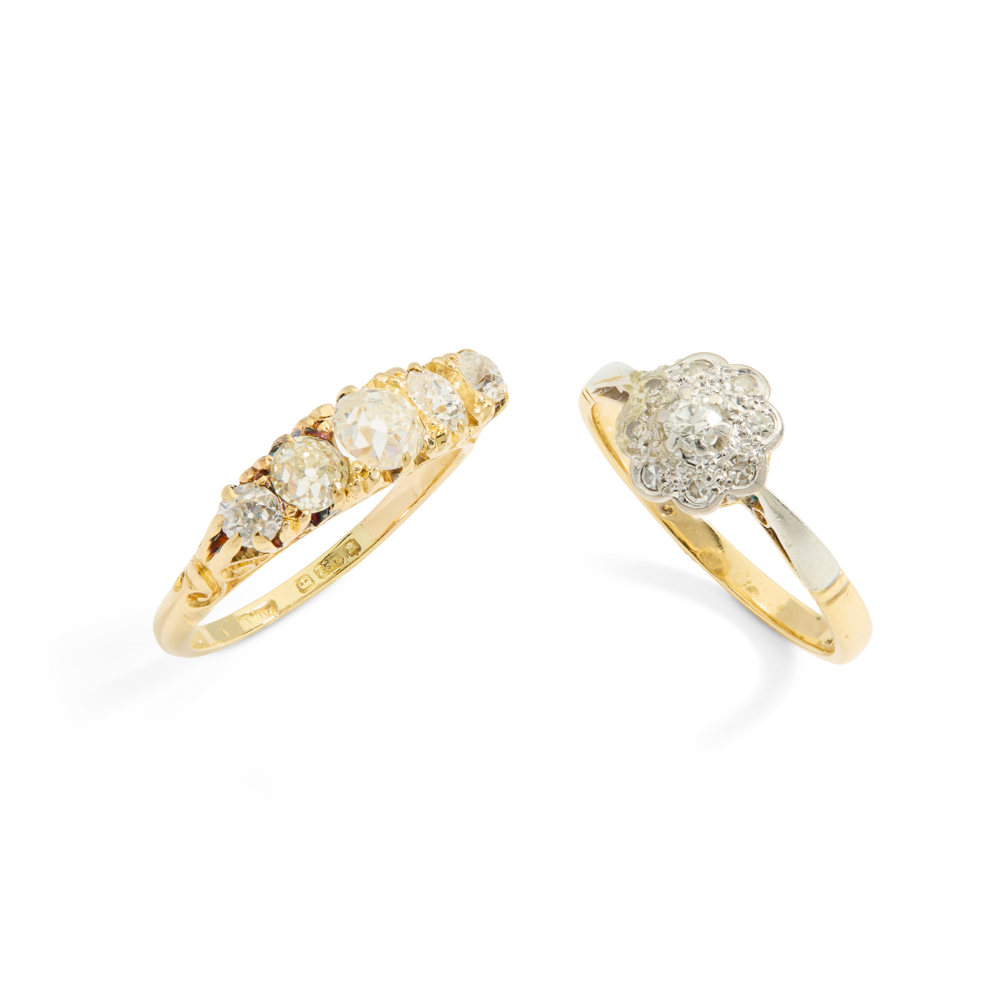 A late 19th century 18ct gold diamond five-stone ring and another