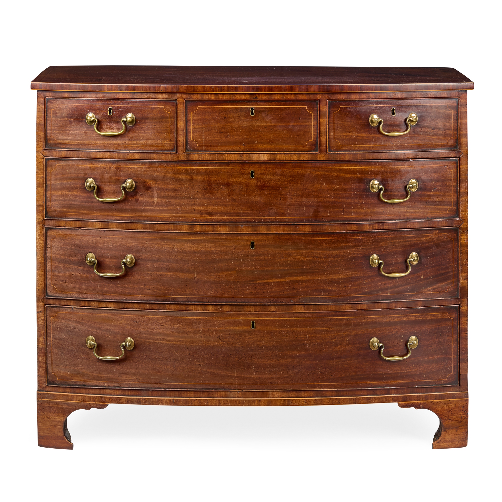 SCOTTISH REGENCY MAHOGANY AND LINE INLAID BOWFRONT CHEST OF DRAWERS