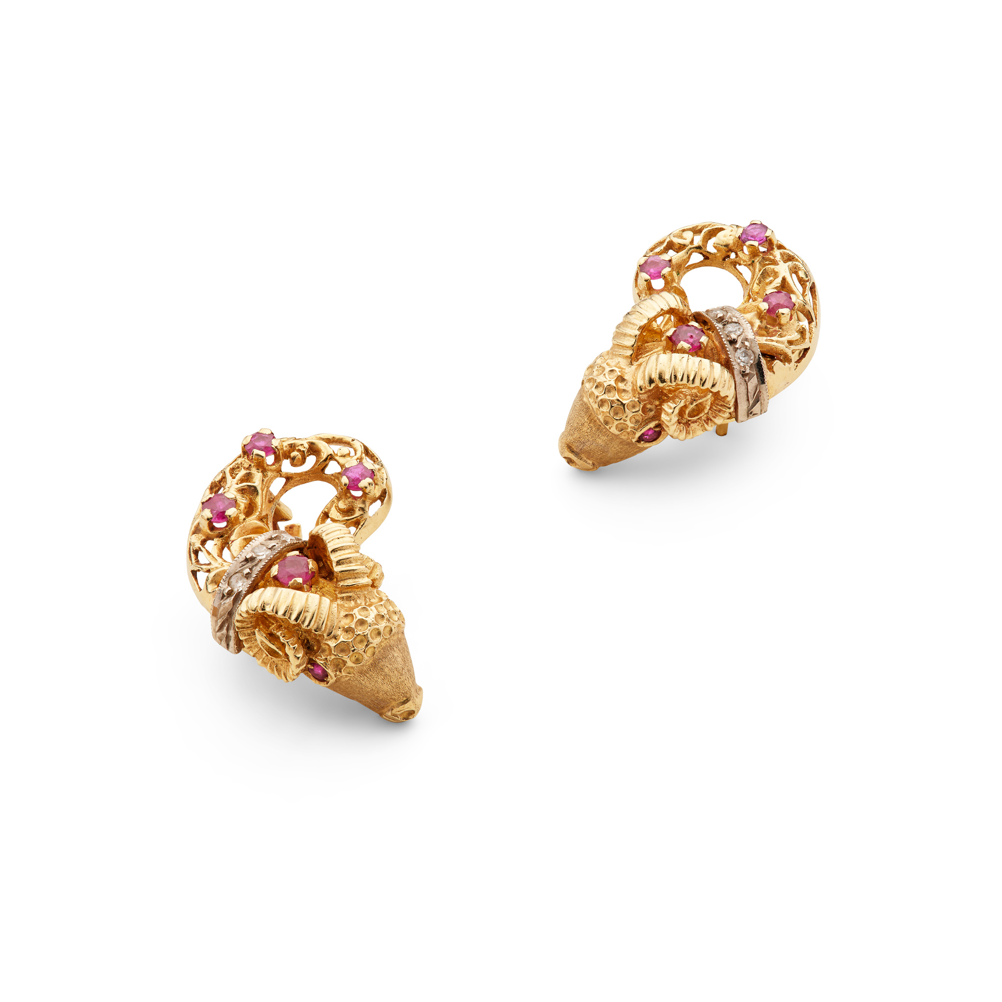 A pair of ruby and diamond ram's head earrings