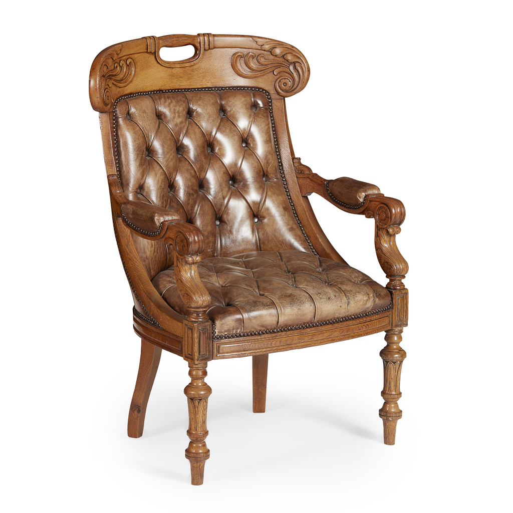 GEORGE IV OAK LEATHER UPHOLSTERED ARMCHAIR, ATTRIBUTED TO GILLOWS