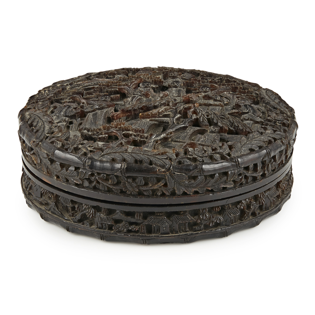 CARVED TORTOISESHELL CIRCULAR BOX AND COVER