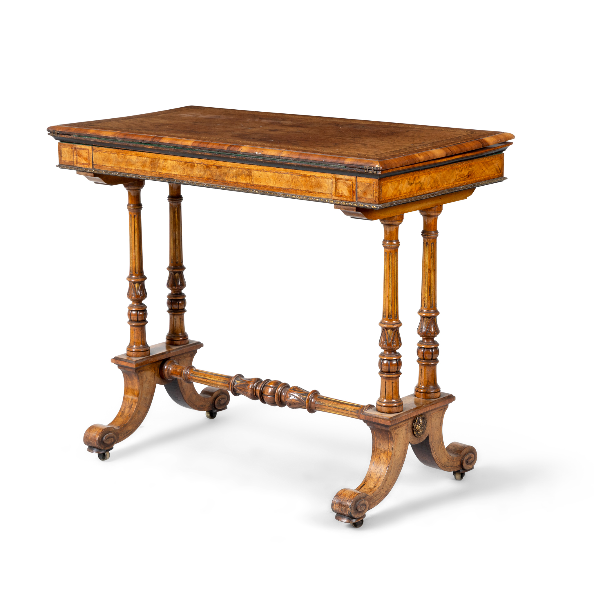 A VICTORIAN BURR WALNUT AND INLAID GAMES TABLE