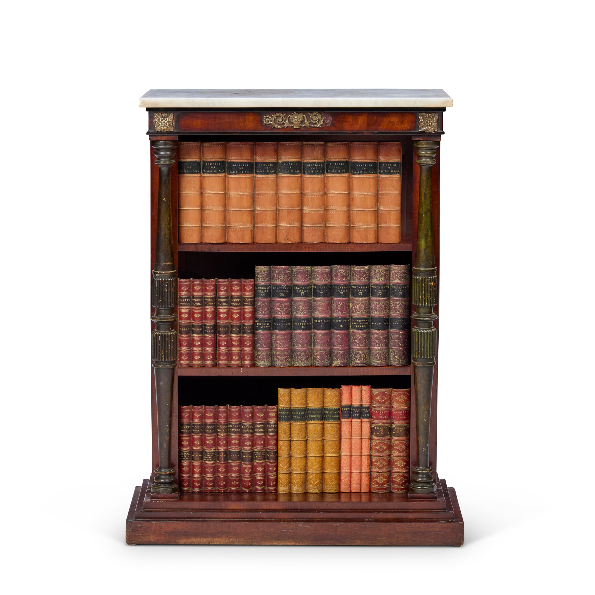 REGENCY MAHOGANY, EBONISED, AND MARBLE TOPPED SMALL OPEN BOOKCASE