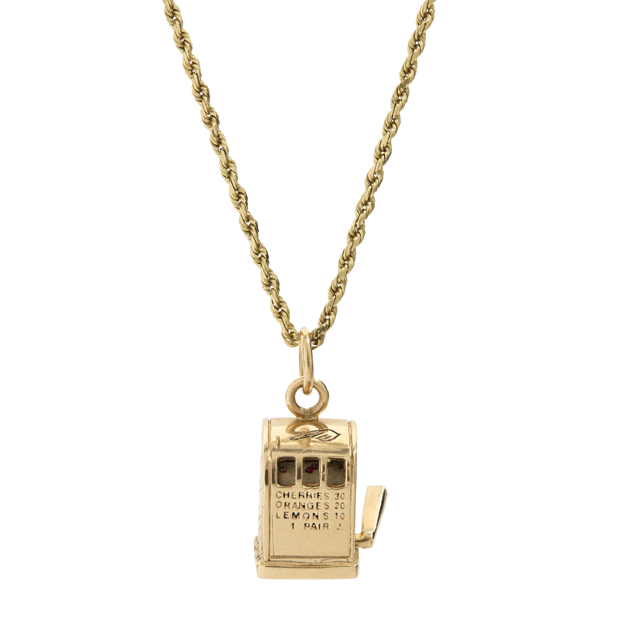 A 'One Armed Bandit' fruit machine charm on chain