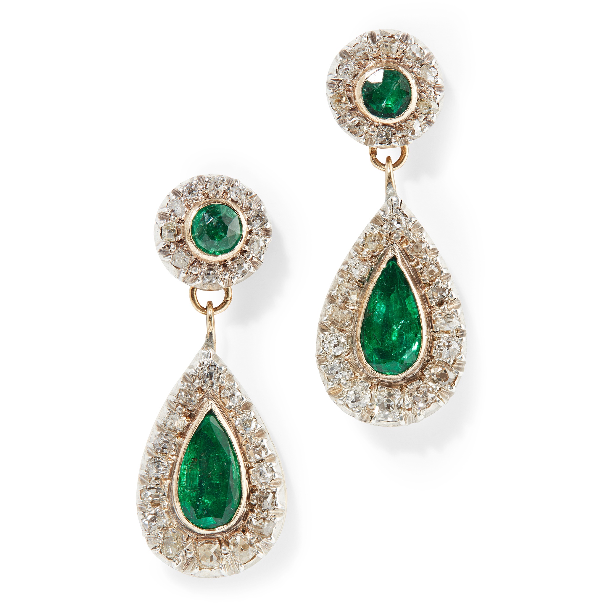 A pair of emerald and diamond set pendant earrings