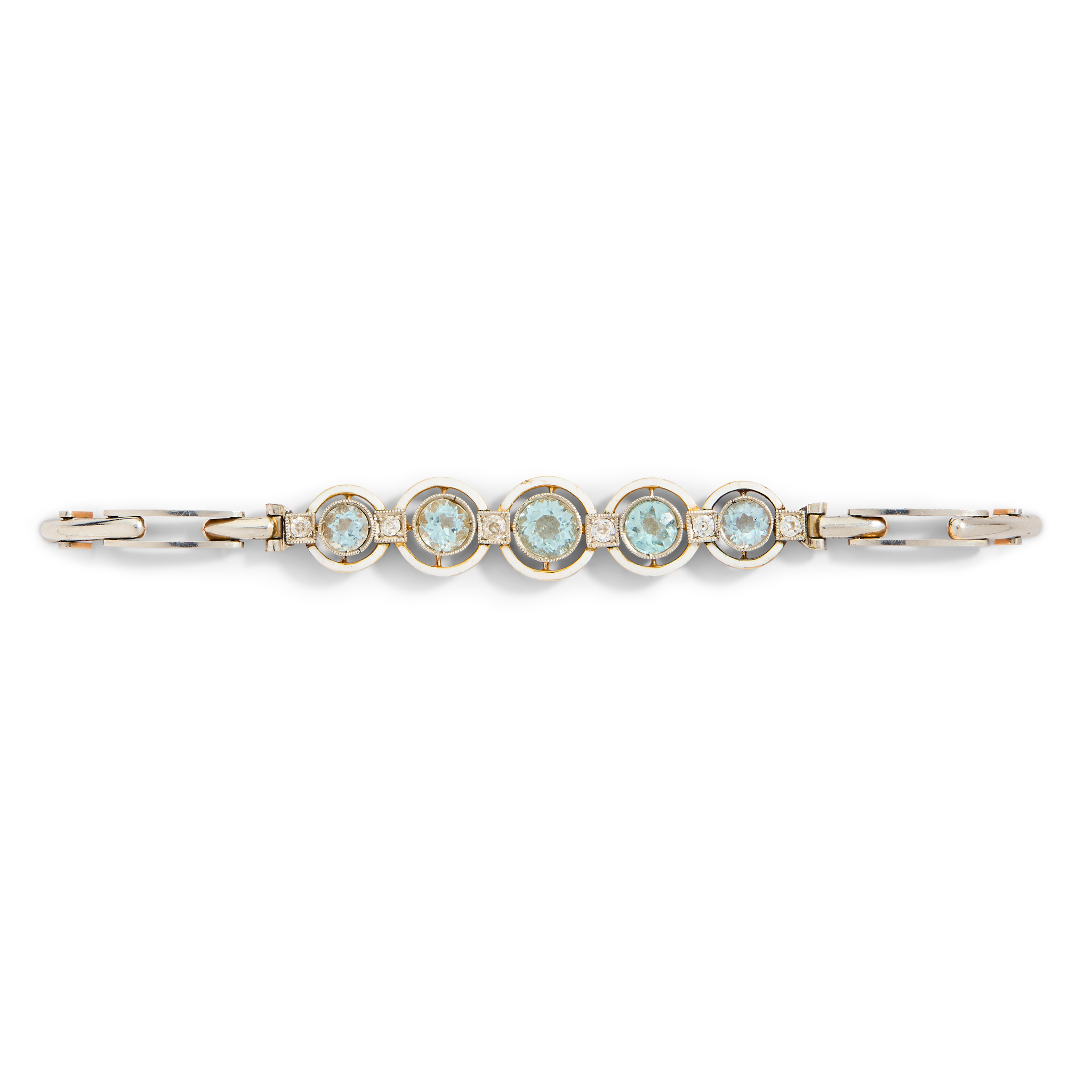 An early 20th century aquamarine, diamond and enamel bracelet