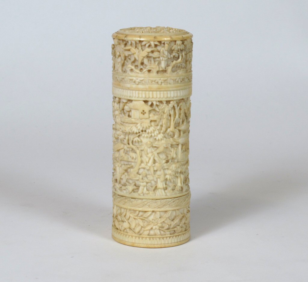 TWO CHINESE CANTON CARVED IVORY TABLE ARTICLES