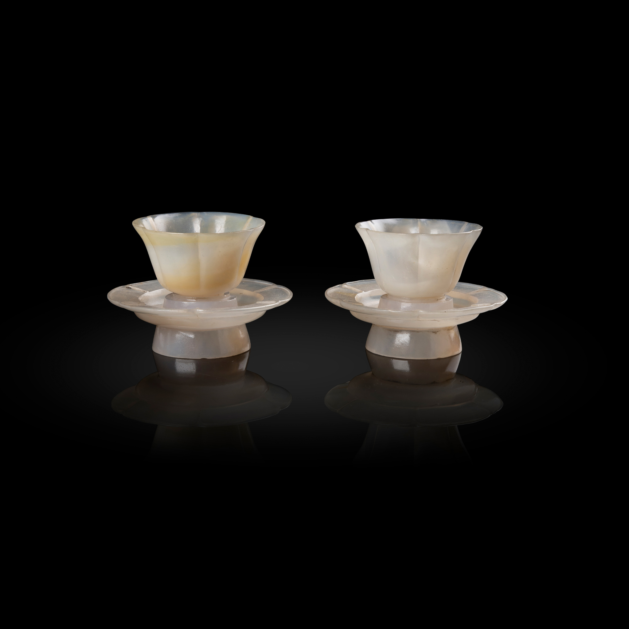 TWO SETS OF CHINESE AGATE CUPS AND STANDS