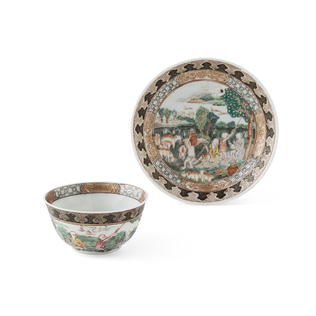 GRISAILLE-DECORATED FAMILLE ROSE 'APPLE PICKER' CUP AND SAUCER