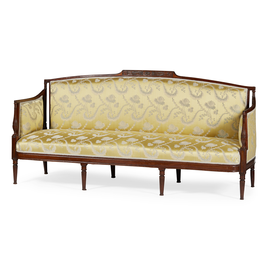 LATE GEORGE III MAHOGANY FRAMED SOFA