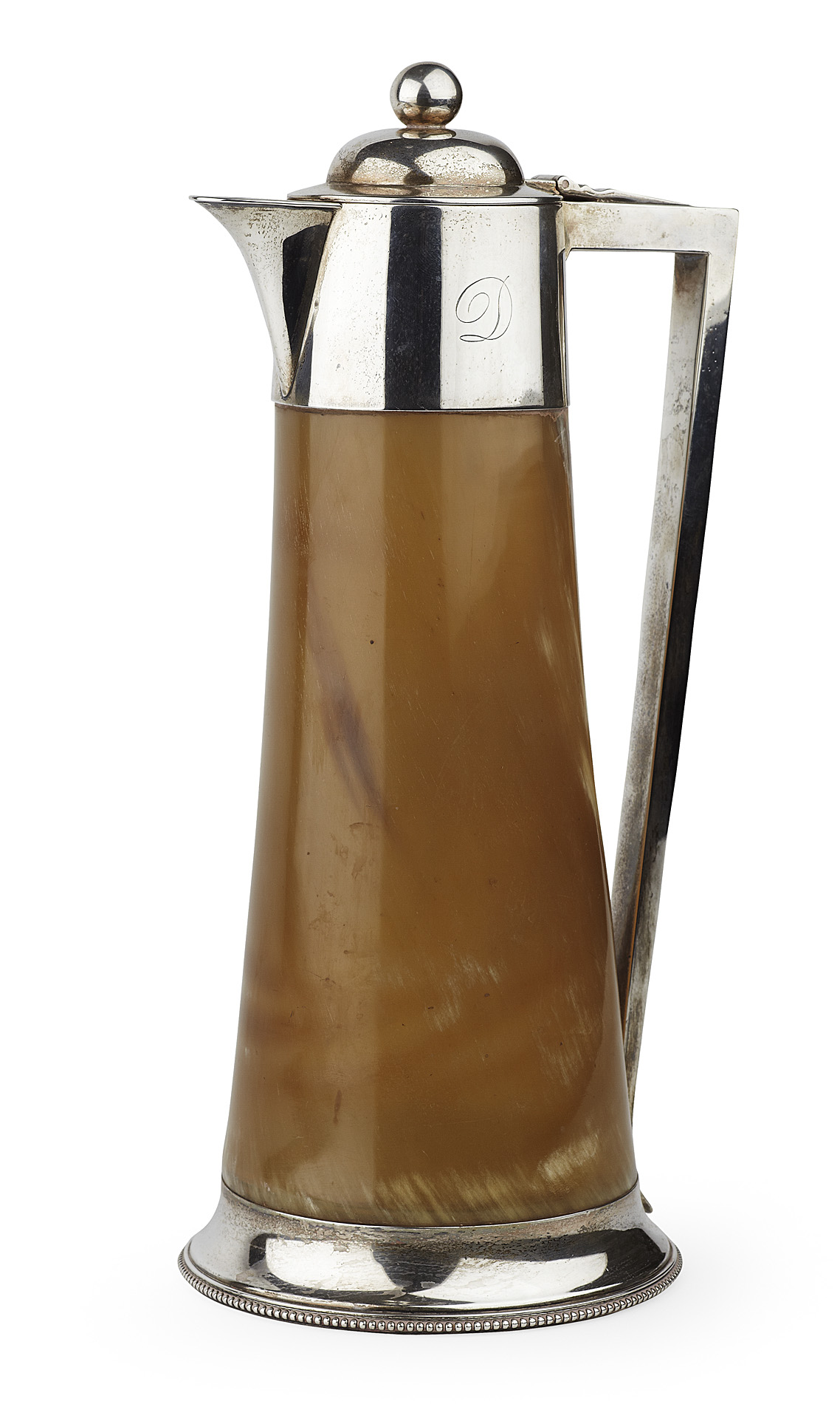 A Victorian cow horn flagon and beakers