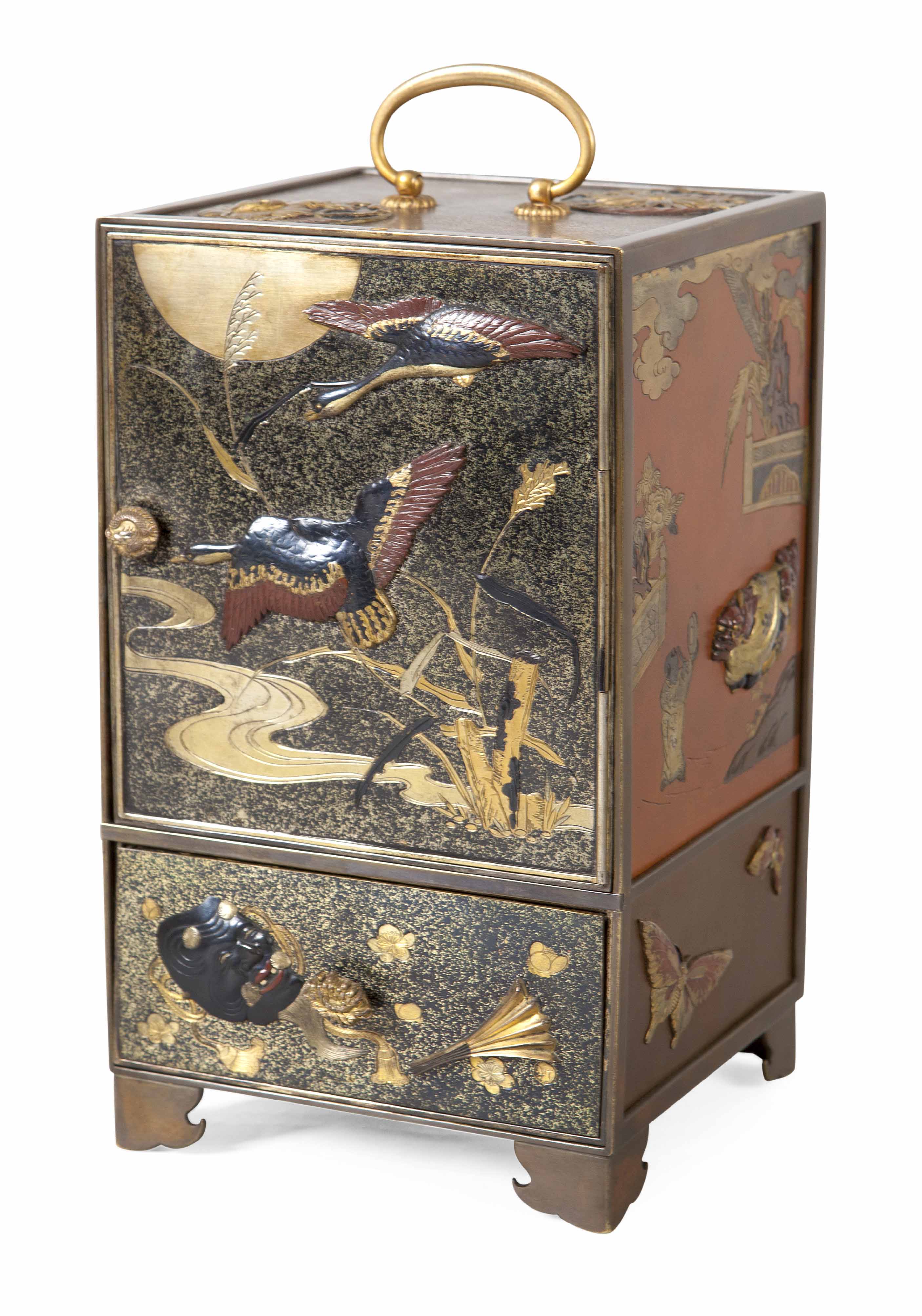 FINE JAPANESE MIXED METAL BRONZE TABLE CABINET