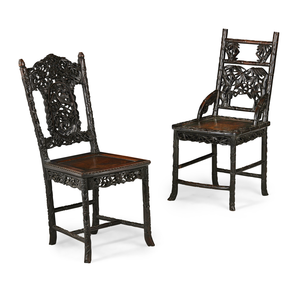 TWO CHINESE CARVED HARDWOOD SIDE CHAIRS
