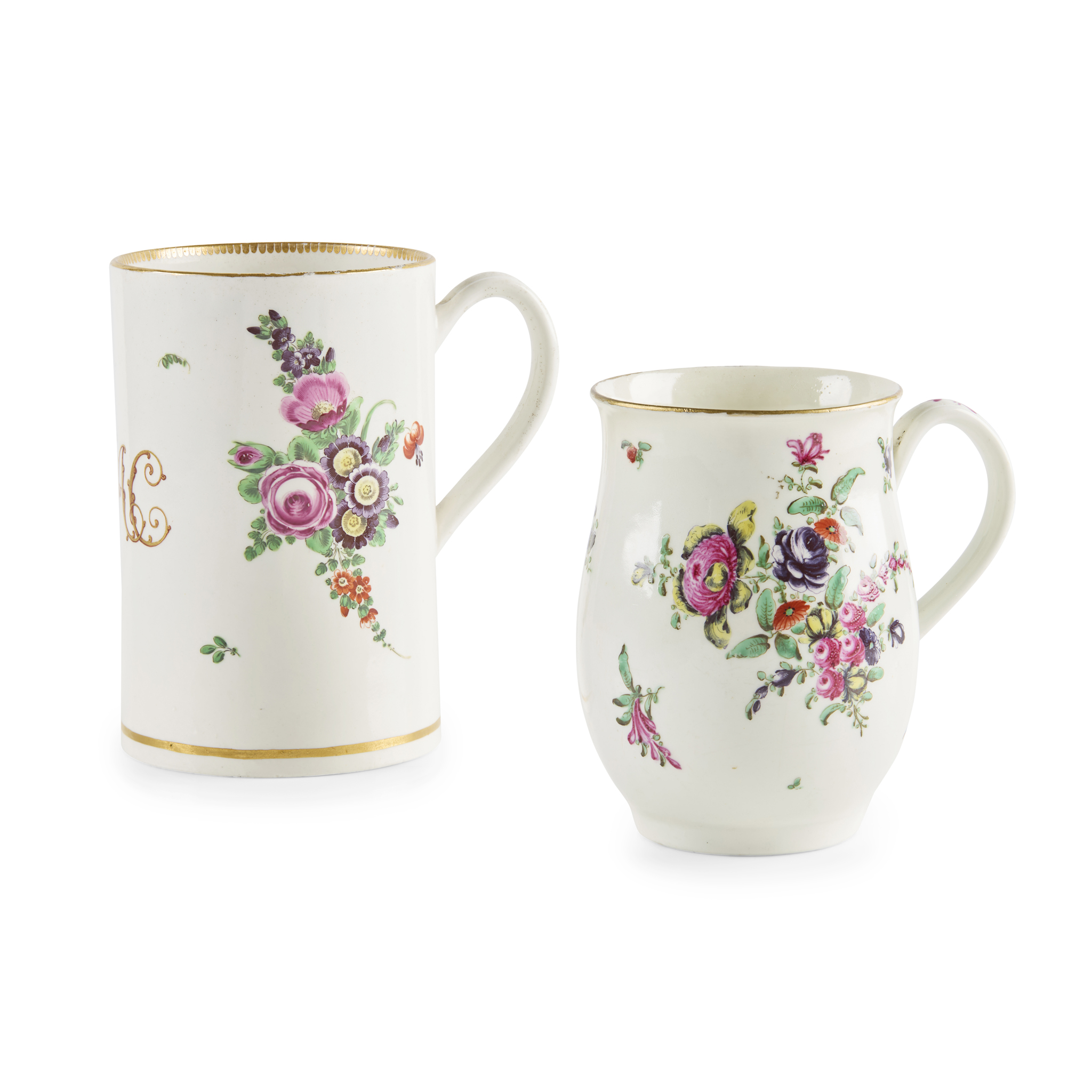 TWO WORCESTER FLORAL PAINTED MUGS