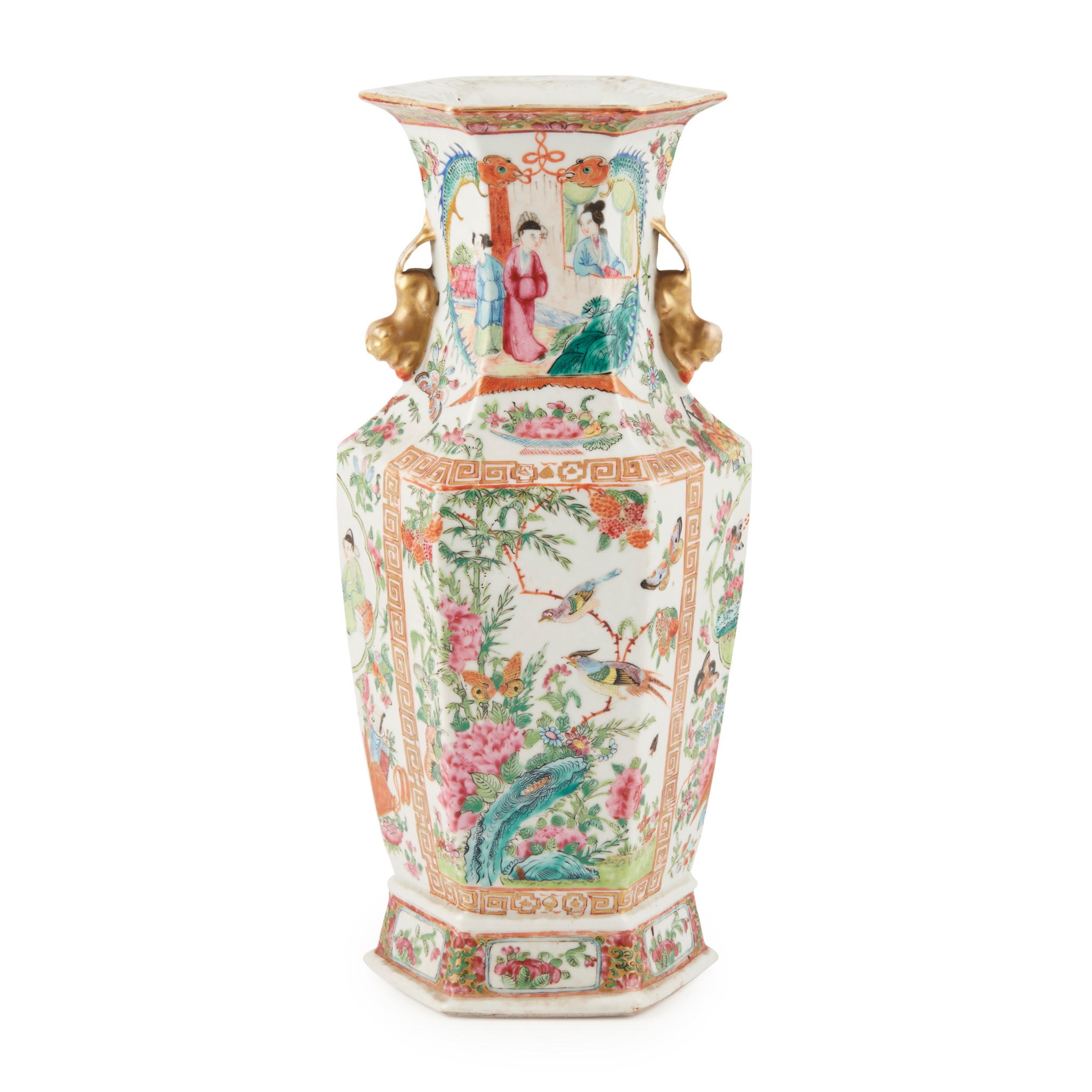 CANTON FAMILLE ROSE HEXAGONAL VASE