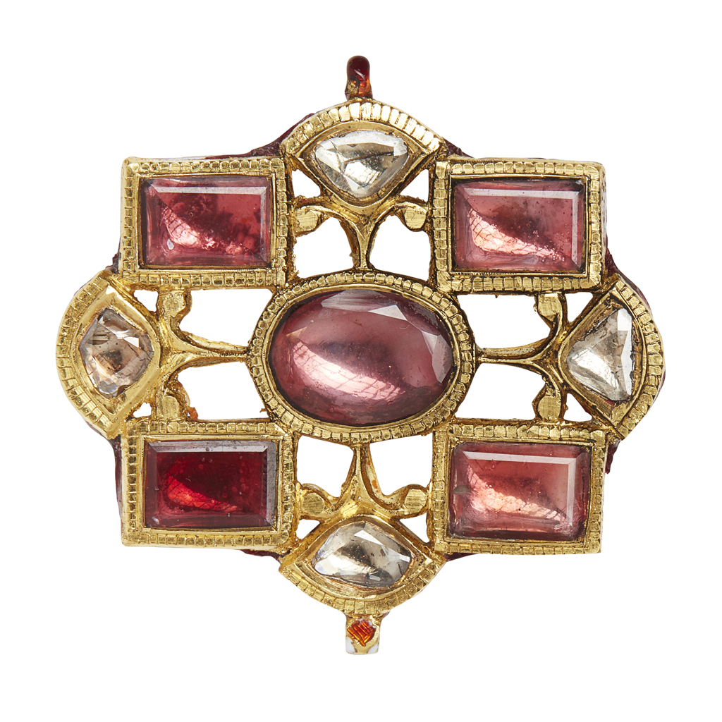 An Indian tourmaline and diamond set and enamelled pendant