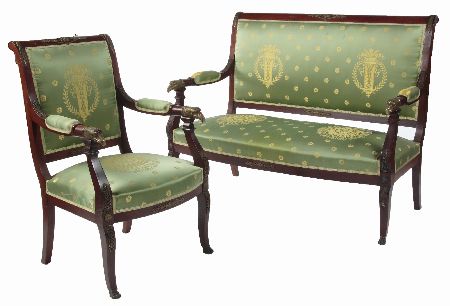A 19th century French mahogany and gilt metal mounted salon suite In the Empire taste