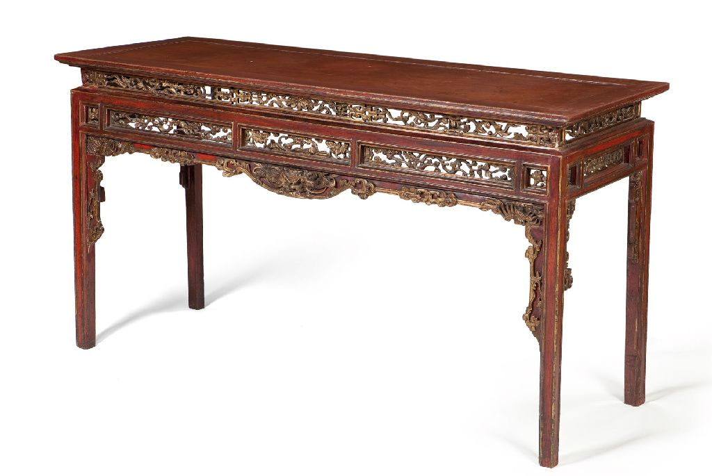 CHINESE RED LACQUER AND PARCEL GILT ALTAR TABLE