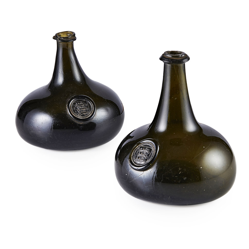 NEAR PAIR OF OLIVE-GREEN GLASS 'ONION' BOTTLES