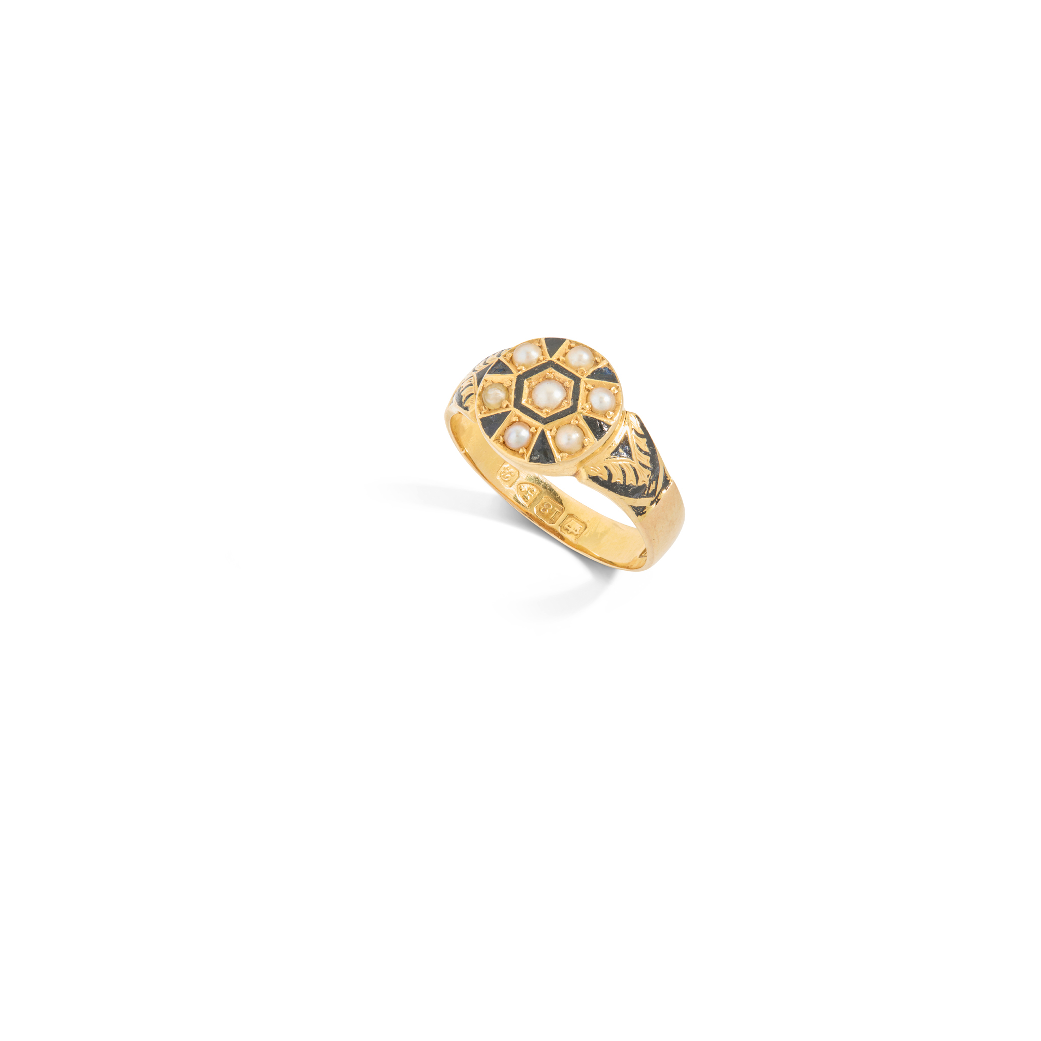 An early 20th century 18ct gold seed pearl and enamel ring