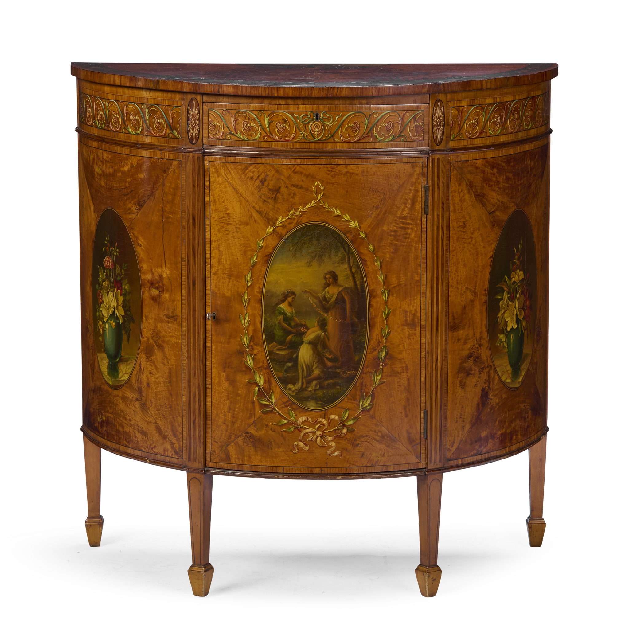 LATE VICTORIAN PAINTED SATINWOOD DEMILUNE COMMODE
