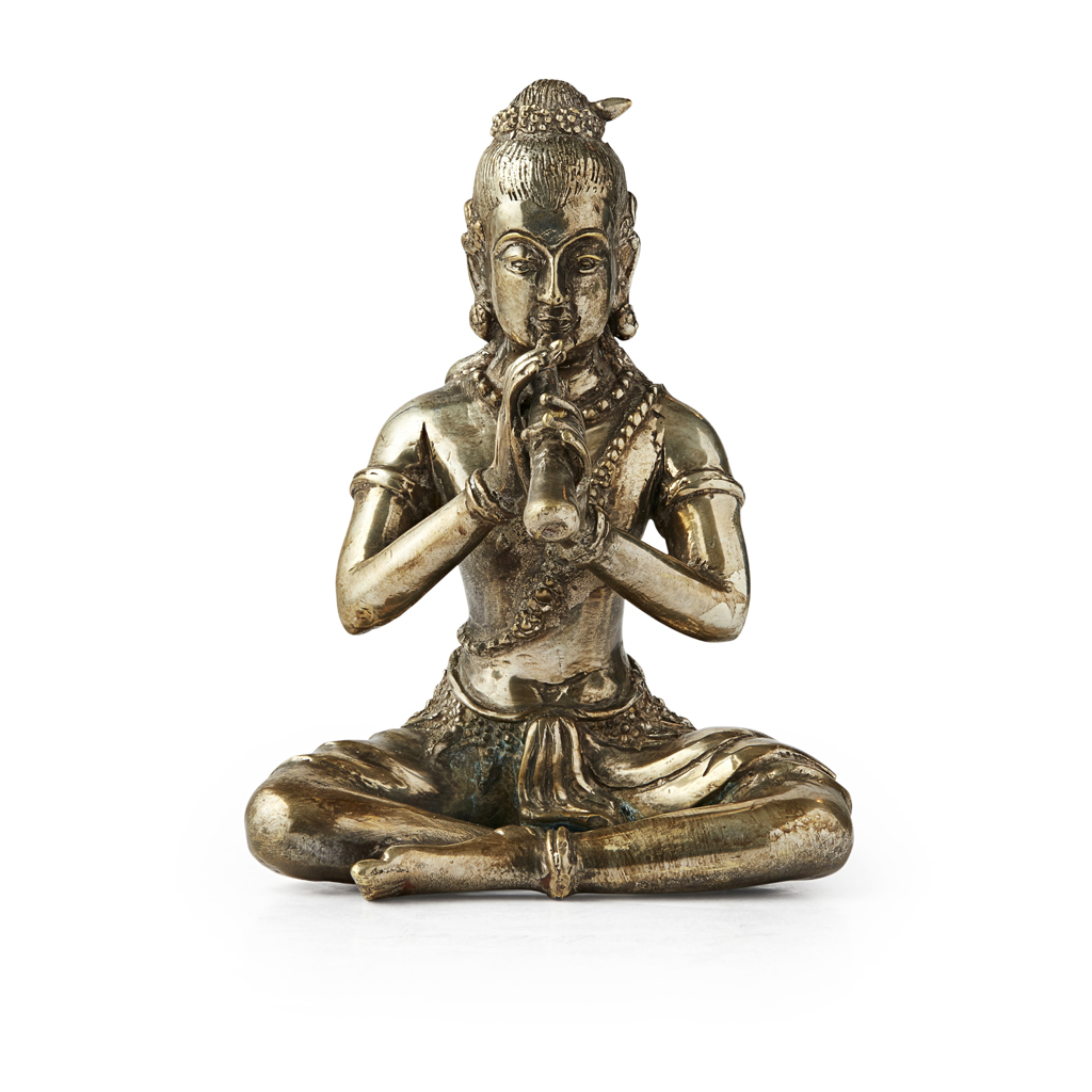 INDIAN SILVERED BRONZE FIGURE OF A MUSICIAN