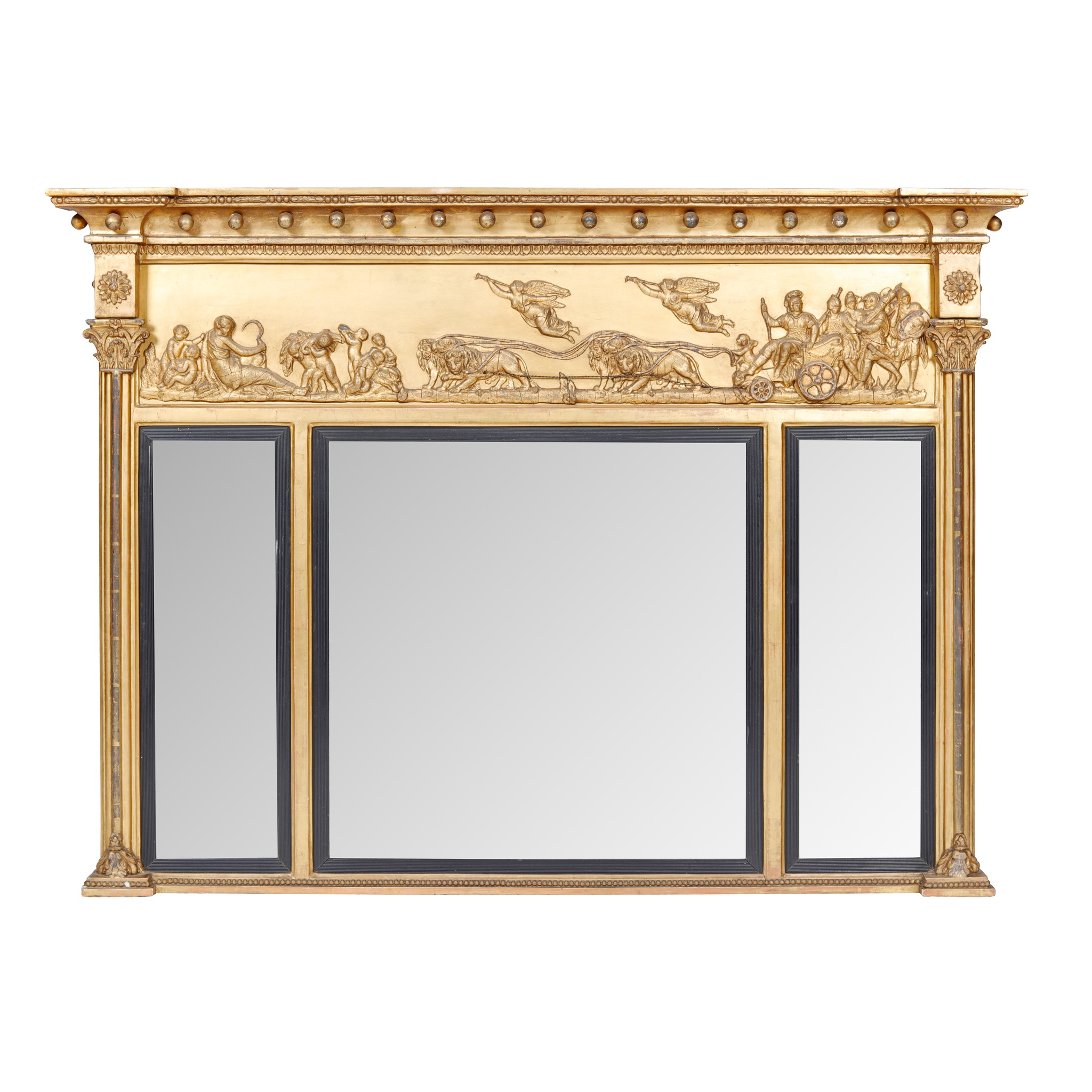 REGENCY GILT WOOD, GESSO AND EBONISED TRIPTYCH OVERMANTEL MIRROR