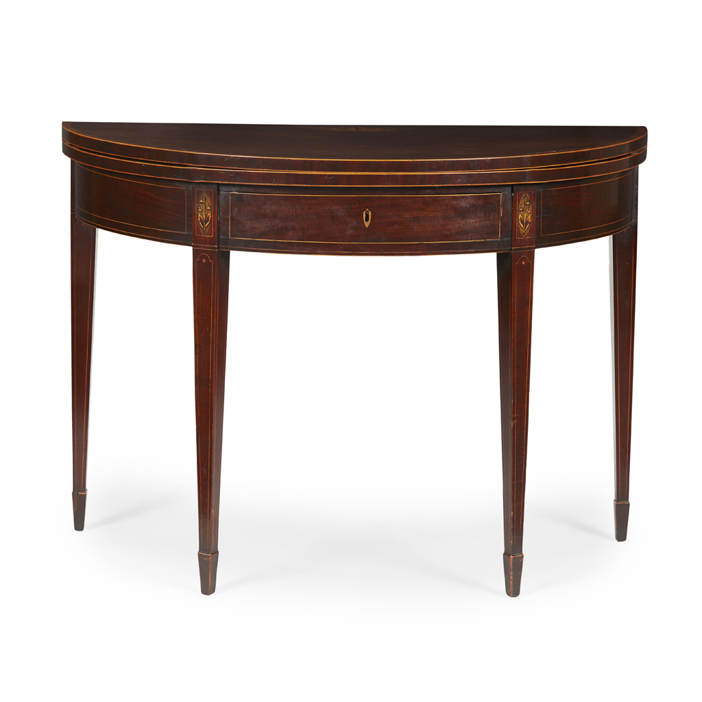A SCOTTISH GEORGE III MAHOGANY INLAID DEMI-LUNE TEA TABLE