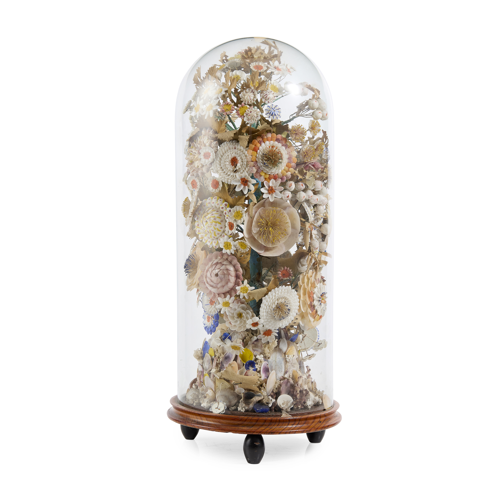 VICTORIAN CASED SHELL-WORK FLOWER ARRANGEMENT
