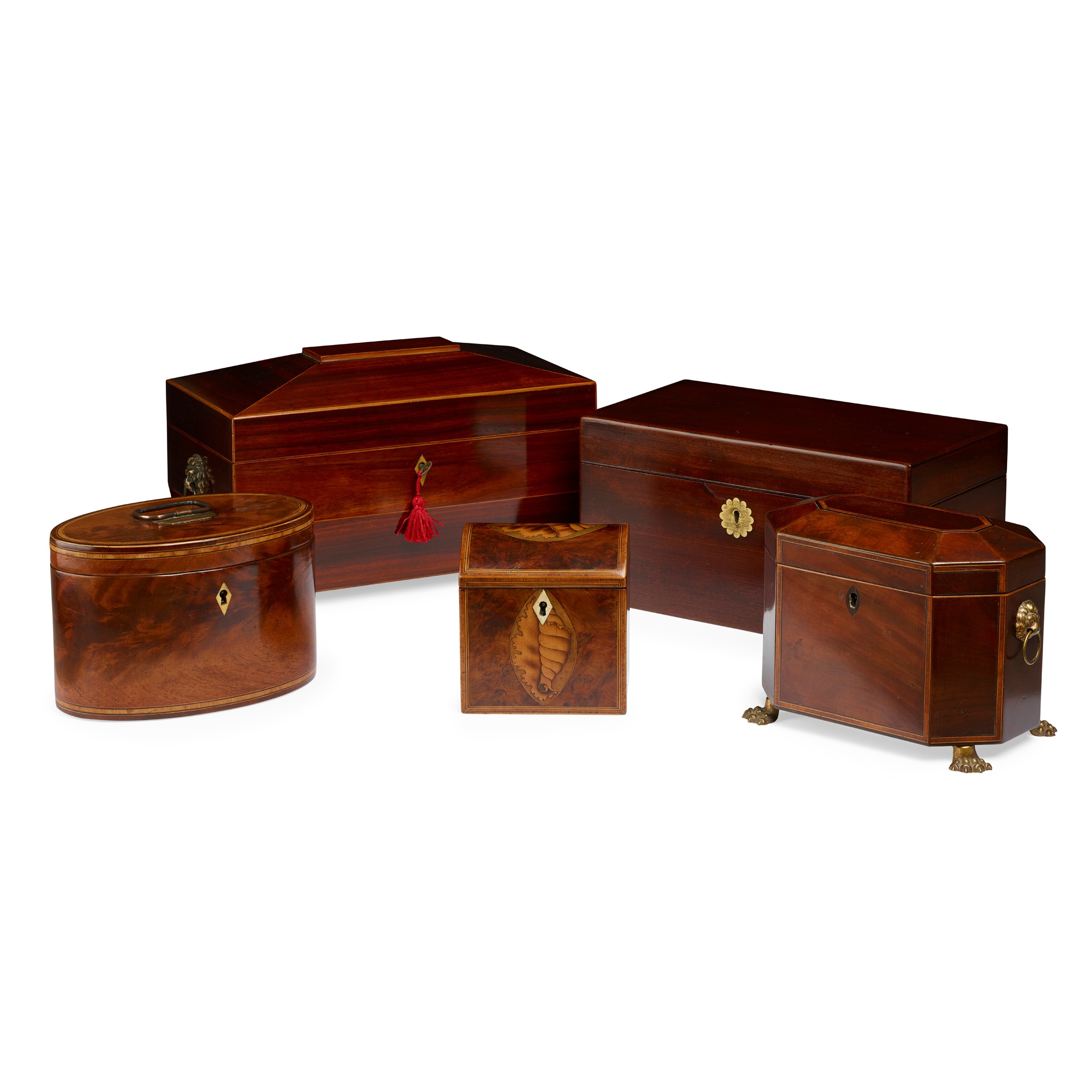 FIVE GEORGIAN TEA CADDIES