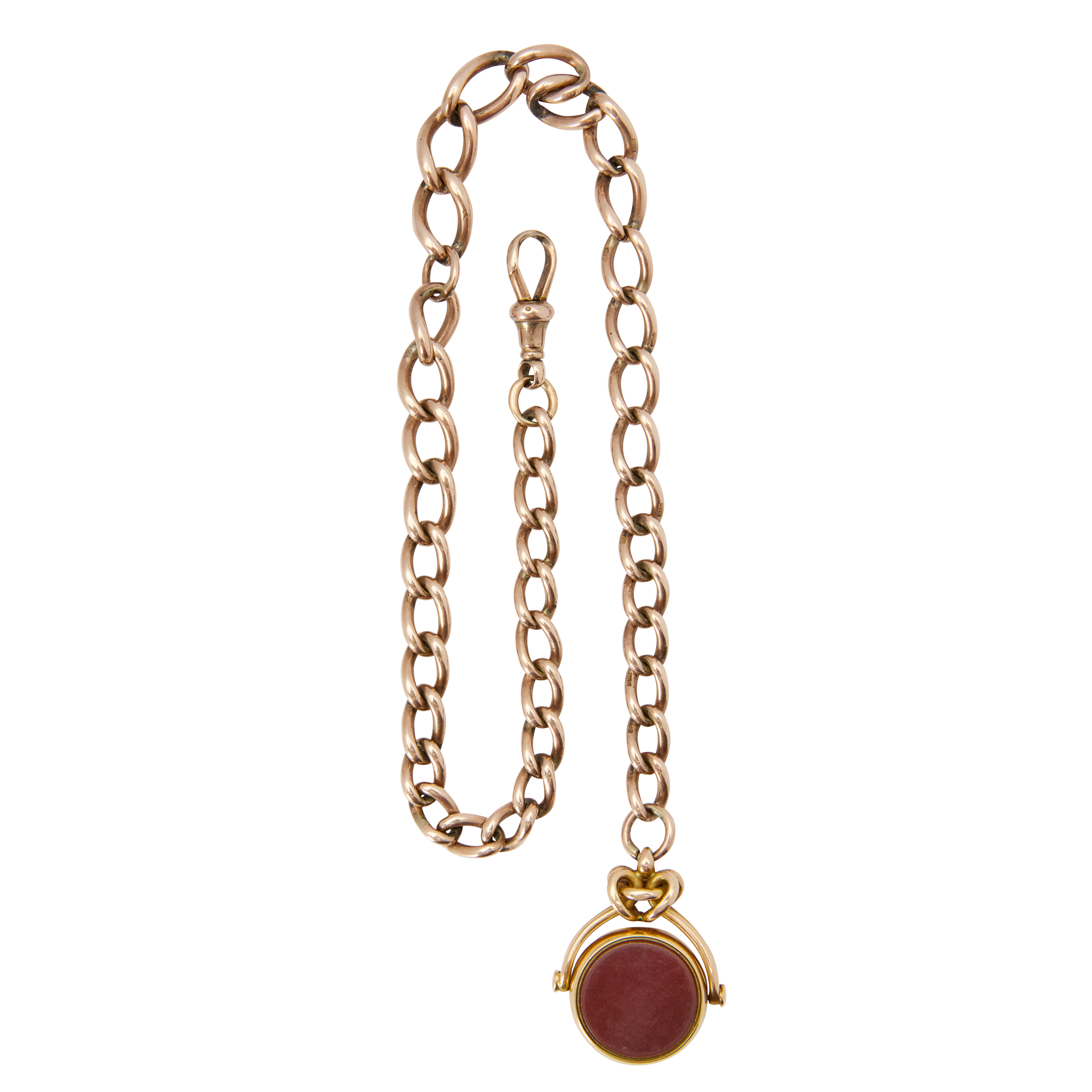 A 9k gold curb-link watch chain with 18k gold fob