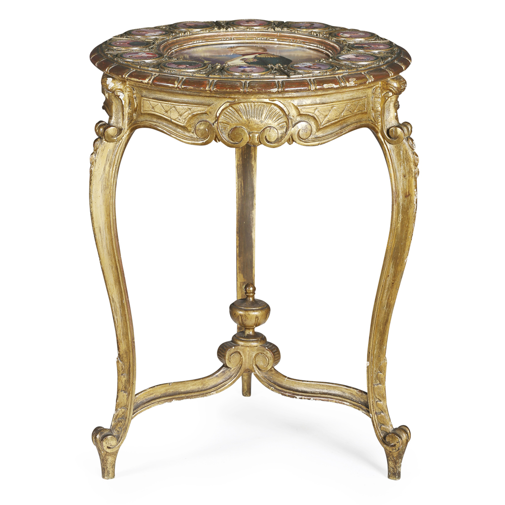 FRENCH SECOND EMPIRE GILTWOOD, PATINATED METAL AND PORCELAIN MOUNTED GUERIDON