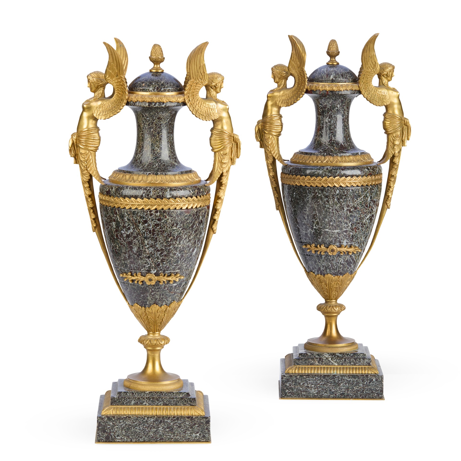 A PAIR OF NAPOLEON III VERDE ANTICO AND GILT BRONZE URNS