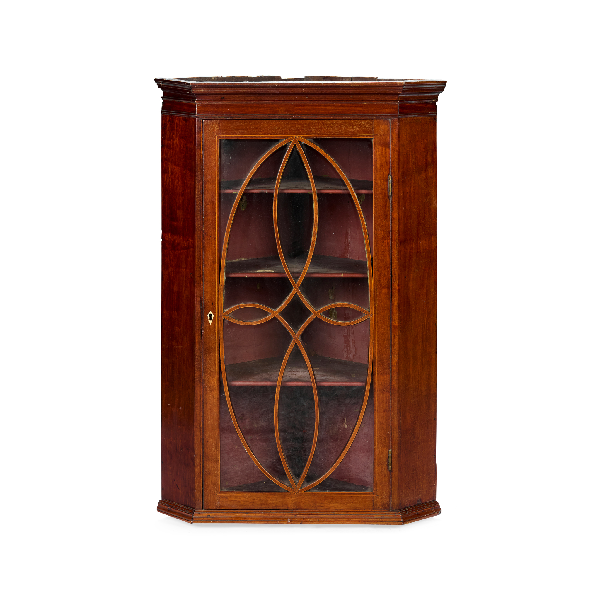 LATE GEORGE III MAHOGANY AND BOXWOOD HANGING CORNER CUPBOARD