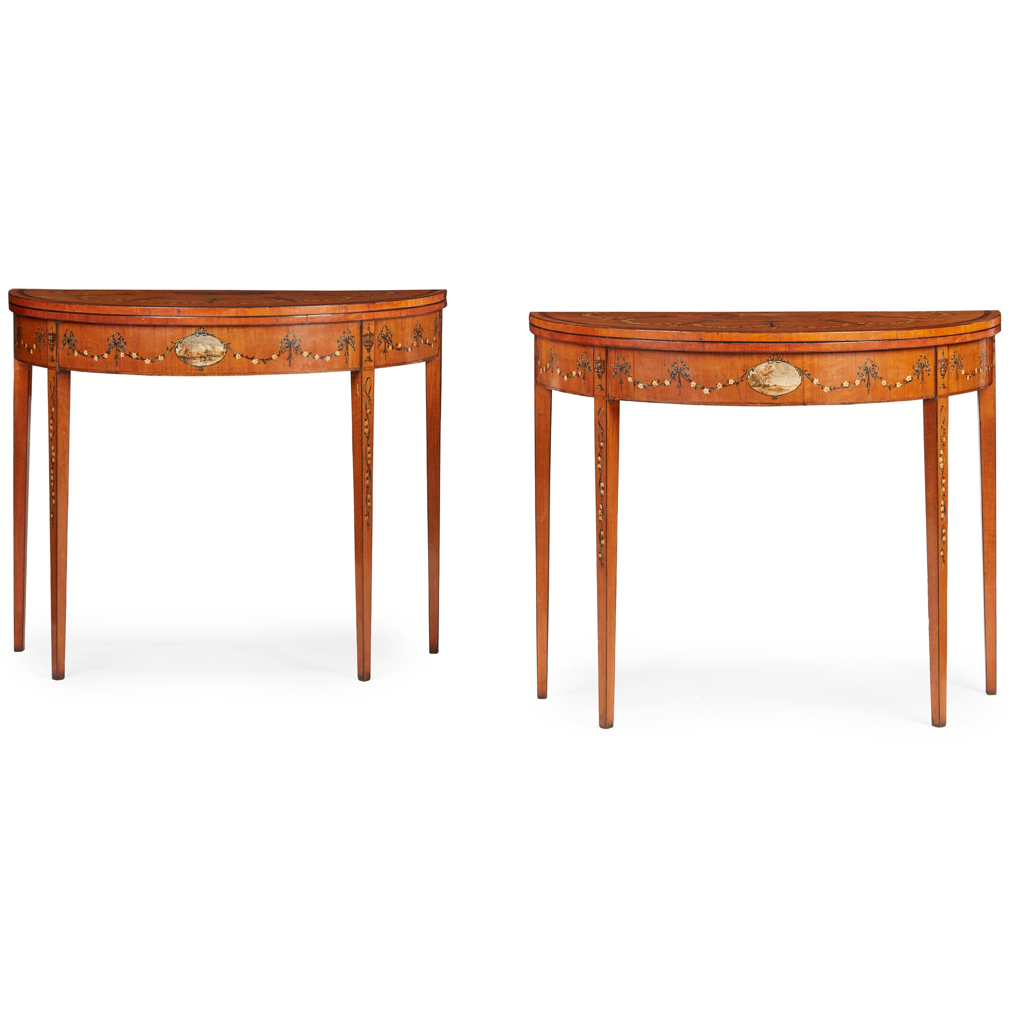 PAIR OF VICTORIAN DEMILUNE PAINTED SATINWOOD CARD TABLES
