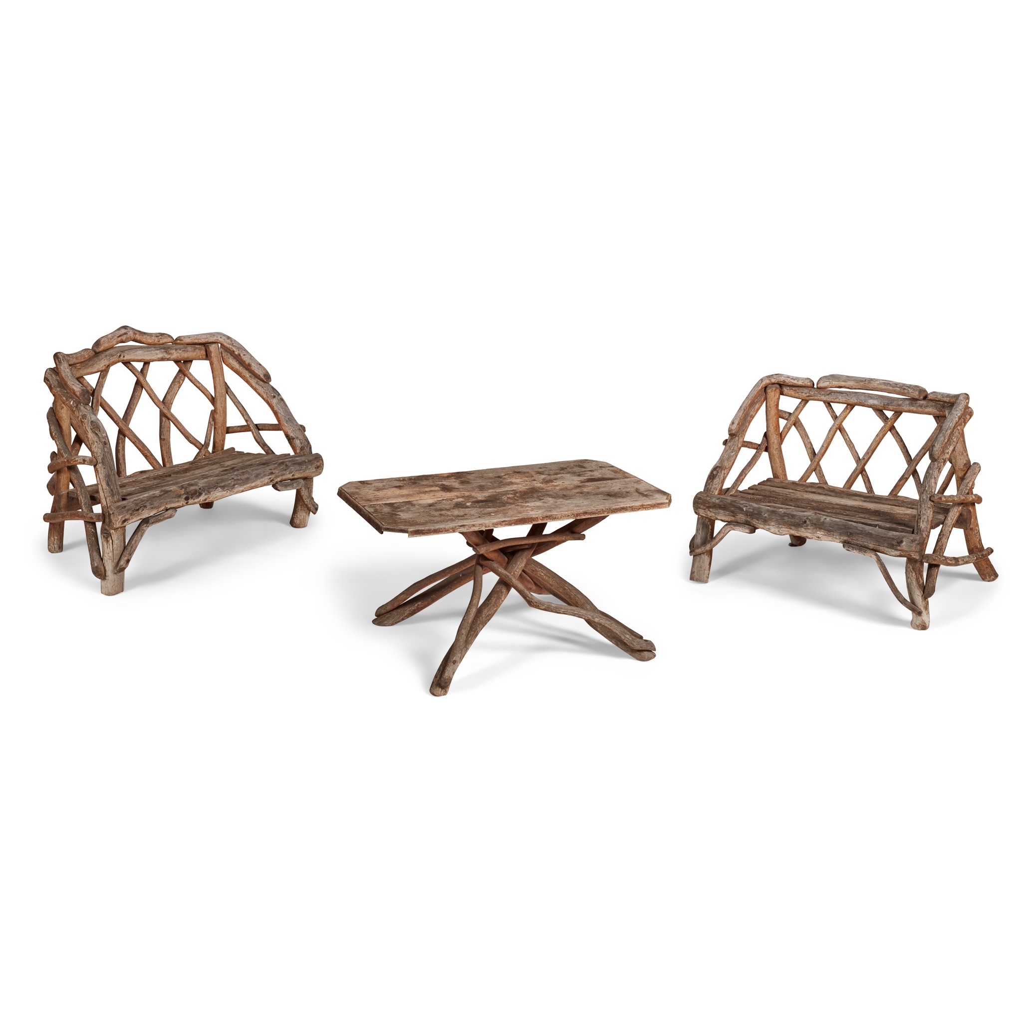 PAIR OF 'RUSTIC' TWIG GARDEN BENCHES AND TABLE