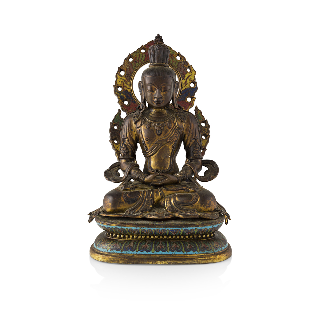 GILT BRONZE AND CLOISONNÉ ENAMEL FIGURE OF AMITAYUS
