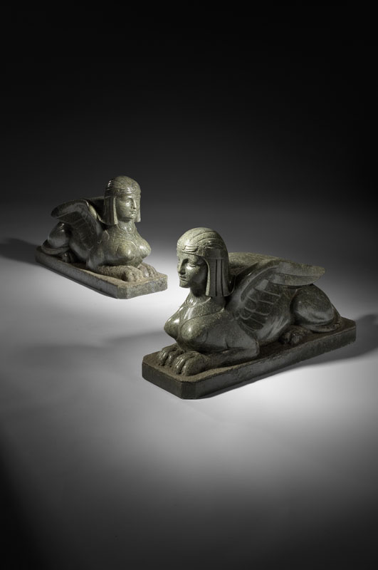 A pair of 19th century serpentine Cornish marble sphinx Attributed to the London Serpentine Company