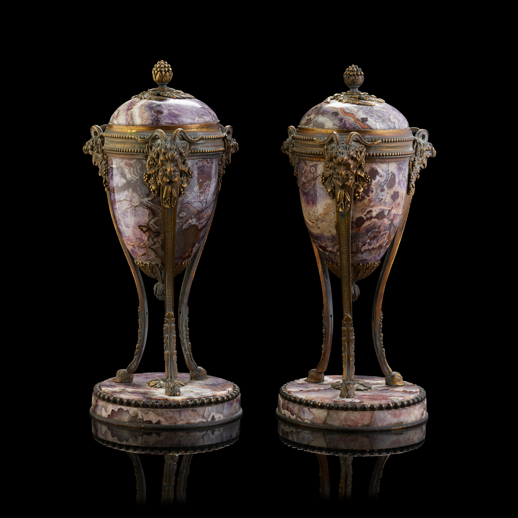 A PAIR OF GEORGE III BLUE JOHN AND ORMOLU CASSOLETTES