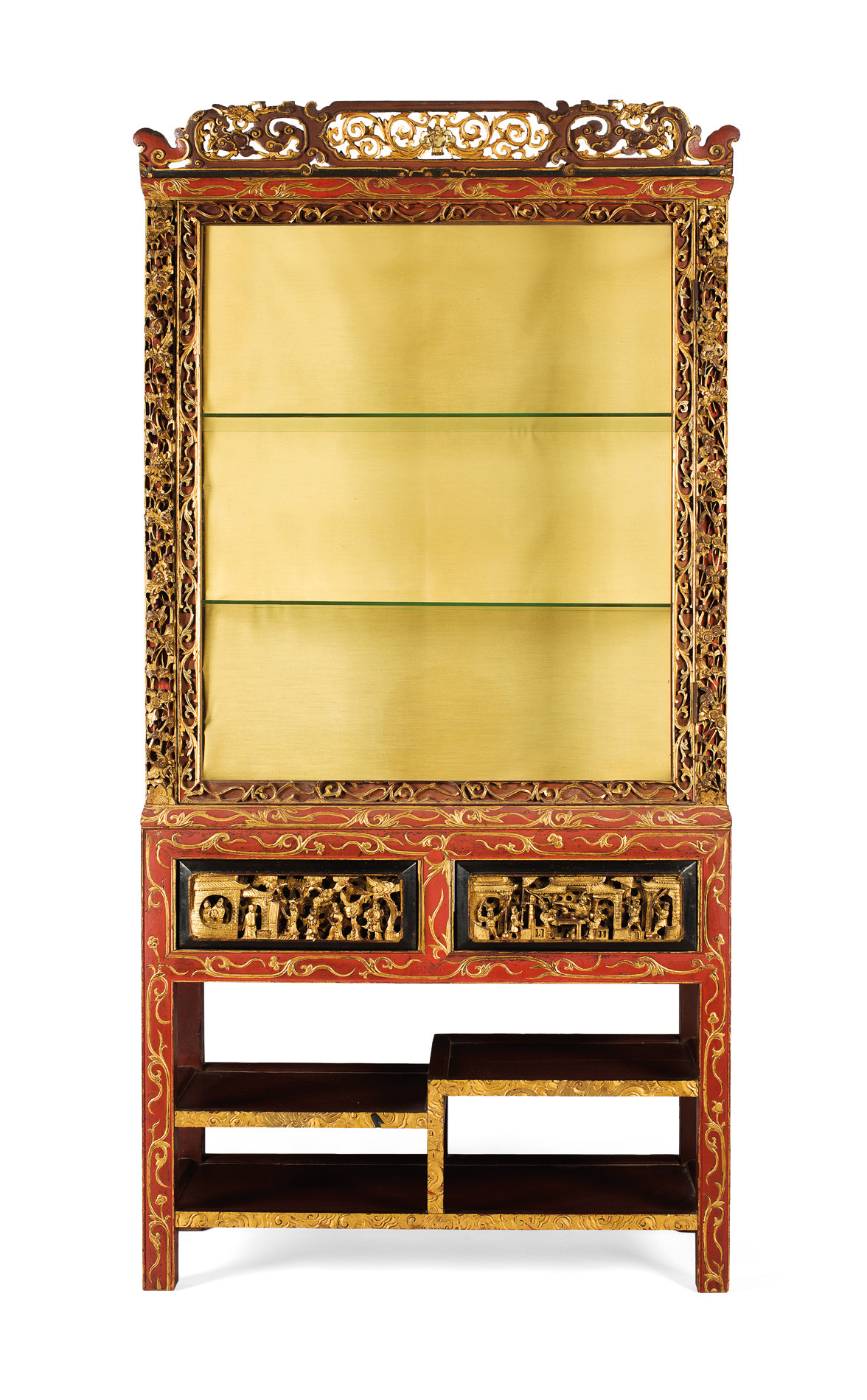 CHINESE RED STAINED AND GILT DISPLAY CABINET