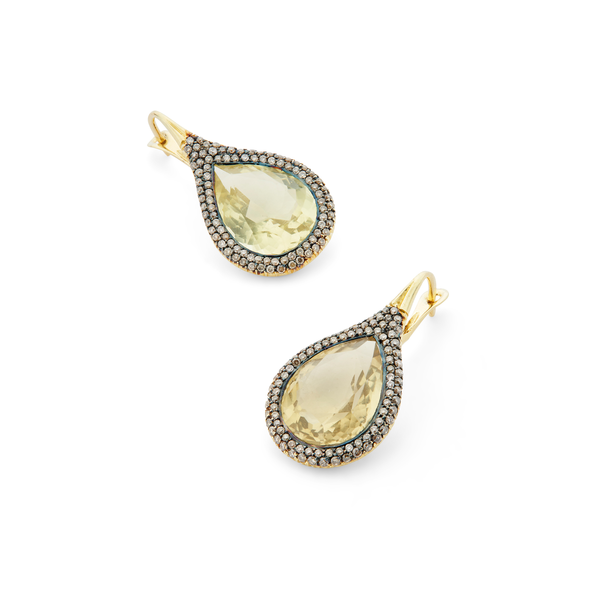 A pair of prasiolite and diamond pendent earrings